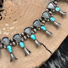 Load image into Gallery viewer, 1930s-1940s NAVAJO Sterling & Turquoise Squash Blossom Necklace Shadowbox Loops