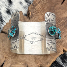 Load image into Gallery viewer, TAWNEY WILLIE Navajo / Sioux Sterling & Kingman Turquoise Wide Cuff Bracelet