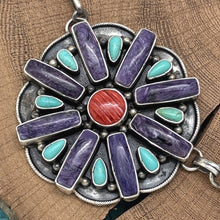 Load image into Gallery viewer, BETTY TOM Navajo Sterling Charoite Turquoise Spiny 3-Station Flower Necklace
