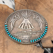 Load image into Gallery viewer, 1970s A BEGAY SR Navajo Sterling & Turquoise Trophy Belt Buckle Peyote Birds