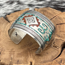 Load image into Gallery viewer, GIBSON GENE Navajo Sterling Turquoise & Coral Chip Inlay Cuff Bracelet Blanket