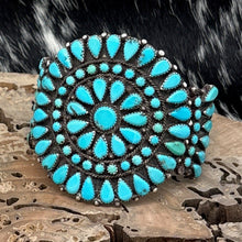 Load image into Gallery viewer, 1970s Native American NAVAJO Sterling & Turquoise Round Cluster Cuff Bracelet