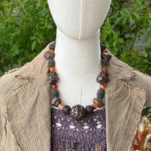 Load image into Gallery viewer, WCJ Antique Bronze Brass & Carnelian Beaded Statement Necklace Double Happiness