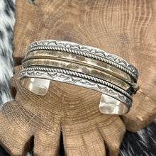 Load image into Gallery viewer, 1990 Native American NAVAJO Sterling Silver Cuff Bracelet Gold Filled Feather