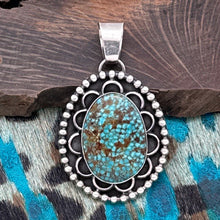 Load image into Gallery viewer, COOPER WILLIE Navajo Sterling Silver & Webbed Kingman Turquoise Pendant Scallops