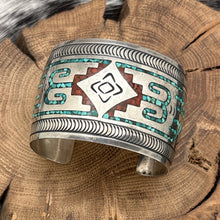 Load image into Gallery viewer, GIBSON GENE Navajo Sterling Turquoise & Coral Chip Inlay Cuff Bracelet Blanket
