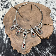 Load image into Gallery viewer, 1960s Native American NAVAJO Sterling Silver & Coral 5-Station Necklace w/Dangle