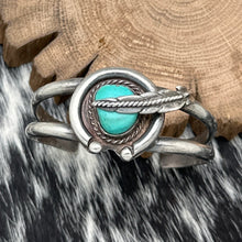 Load image into Gallery viewer, 1970s Native American Navajo Sterling Silver Turquoise Cuff Bracelet Naja & Leaf