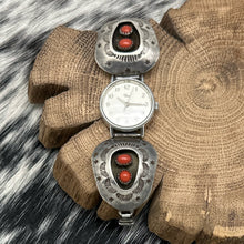 Load image into Gallery viewer, Timex Watch Featuring 1960s Native American NAVAJO Sterling Silver & Coral Tips