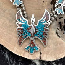 Load image into Gallery viewer, 1970s NAVAJO Sterling Silver Turquoise & Coral Chip Inlay Peyote Bird Necklace