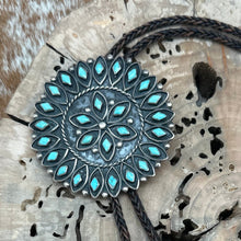 Load image into Gallery viewer, SOUTHWEST STYLE Sterling Bolo Tie With Zuni Turquoise Slide Filigree Butterflies