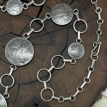 Load image into Gallery viewer, BUFFALO DANCER Taos Silver Necklace 7 Vintage Coins Peace Dollar Walking Liberty