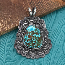 Load image into Gallery viewer, SUNSHINE REEVES Navajo Sterling & Birdseye Kingman Turquoise Pendant Fancy Frame