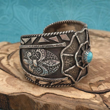 Load image into Gallery viewer, JEWELRY BY WENDYLEA Sterling & Turquoise Cuff Bracelet Spiderweb Fleur De Lis