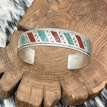 Load image into Gallery viewer, WILLIAM SINGER Navajo Sterling Turquoise Coral Chip Inlay Cuff Bracelet Diagonal