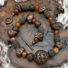 Load image into Gallery viewer, WCJ Antique Bronze Brass & Carnelian Beaded Statement Necklace Double Happiness