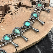 Load image into Gallery viewer, 1960s Native American NAVAJO Sterling & Green Turquoise Squash Blossom Necklace