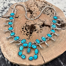 Load image into Gallery viewer, WILSON PADILLA Navajo Sterling Natural Kingman Turquoise Squash Blossom Necklace