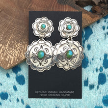 Load image into Gallery viewer, Native American NAVAJO Sterling & Sonoran Gold Turquoise Double Concho Earrings