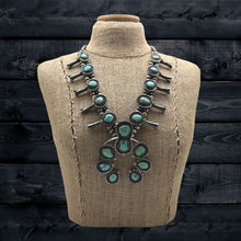 Load image into Gallery viewer, 1960s Native American NAVAJO Sterling & Green Turquoise Squash Blossom Necklace