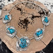 Load image into Gallery viewer, SAM PIASO Navajo Sterling & Morenci Turquoise Station Necklace Flowers Leaves