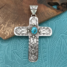 Load image into Gallery viewer, EULA WYLIE Navajo Sterling Silver & Kingman Turquoise Statement Cross Pendant
