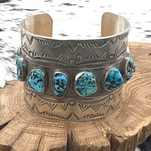 Load image into Gallery viewer, TAWNEY WILLIE Navajo / Sioux Sterling & Kingman Turquoise Wide Cuff Bracelet