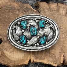 Load image into Gallery viewer, 1980s Native American NAVAJO Sterling & Turquoise Nuggets Belt Buckle Leaves