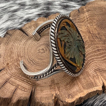 Load image into Gallery viewer, JOE PIASO JR Navajo Sterling Silver & Tooled Leather Floral Design Cuff Bracelet