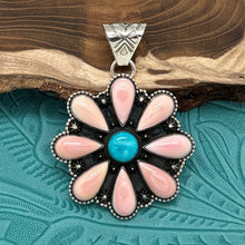 Load image into Gallery viewer, ZIA Southwest Style Sterling Silver Pink Conch Shell Flower Pendant Blue Center