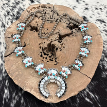 Load image into Gallery viewer, 1950s Native American ZUNI Sterling Multi-Stone Sunface Station Necklace Naja