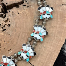Load image into Gallery viewer, 1950s Native American ZUNI Sterling Multi-Stone Sunface Station Necklace Naja