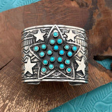 Load image into Gallery viewer, SUNSHINE REEVES Navajo Sterling Silver & Turquoise Wide Cuff Bracelet Stars