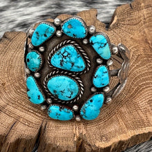 Load image into Gallery viewer, 1960s Native American NAVAJO Sterling Turquoise Cluster Cuff Bracelet Flowers