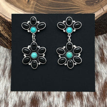 Load image into Gallery viewer, FEDERICO JIMENEZ Sterling Onyx & Turquoise Floral Cluster Post Dangle Earrings