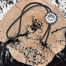 Load image into Gallery viewer, 1950s Native American ZUNI Sterling Silver Multi-Stone Inlay Sunface Bolo Tie