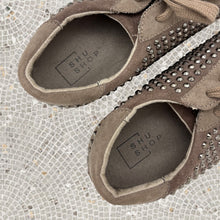 Load image into Gallery viewer, SHU SHOP Rockstar Taupe Pre-Distressed Sneakers With Allover Rhinestones 8.5