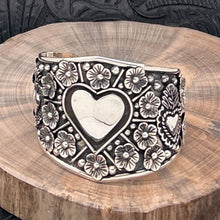 Load image into Gallery viewer, THE BOYZ SILVER Mexico Sterling Silver Cuff Bracelet Sacred Hearts & 3-D Flowers