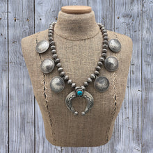 Load image into Gallery viewer, 1970s Native American NAVAJO Silver Turquoise Naja Necklace Morgan Dollar Coins
