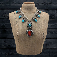 Load image into Gallery viewer, THE NAVAJO HOGAN Carl Luthey Sterling Persian Turquoise & Coral Cameo Necklace