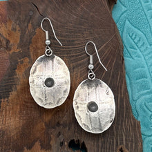Load image into Gallery viewer, BUFFALO DANCER Taos Pueblo Coin Silver Oval Cross Concho Dangle Earrings