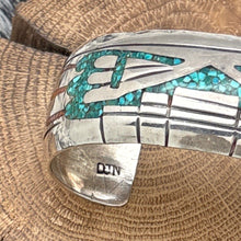 Load image into Gallery viewer, DELVIN NELSON Navajo Sterling Turquoise & Coral Chip Inlay Cuff Bracelet Wings