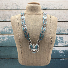 Load image into Gallery viewer, 1970s NAVAJO Sterling Silver Turquoise & Coral Chip Inlay Peyote Bird Necklace