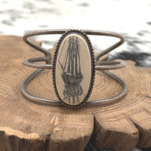 Load image into Gallery viewer, SOUTHWEST STYLE Sterling Silver Cuff Bracelet With Tall Ship Scrimshaw Cabochon