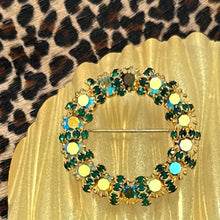 Load image into Gallery viewer, VINTAGE 1960s WEISS Goldtone Metallic AB & Emerald Green Rhinestone Circle Pin