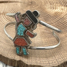 Load image into Gallery viewer, 1980s Native American NAVAJO Sterling Coral Dancing Man Chip Inlay Cuff Bracelet