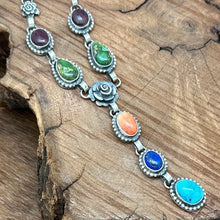 Load image into Gallery viewer, MARY ELLEN Navajo Sterling Turquoise Lapis Spiny Oyster Lariat Necklace Roses