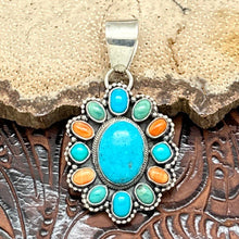 Load image into Gallery viewer, BEA TOM Navajo Sterling Silver & Kingman Turquoise Multi-Stone Cluster Pendant
