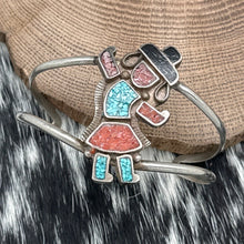 Load image into Gallery viewer, 1980s Native American NAVAJO Sterling Coral Dancing Man Chip Inlay Cuff Bracelet