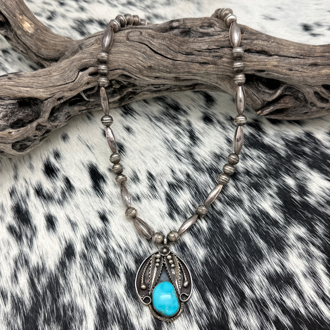 Vintage Native American Navajo Sterling & Kingman Turquoise Pendant Necklace